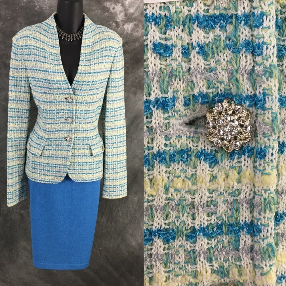 BEAUTIFUL St John collection knit blue green white multi jacket skirt suit 6
